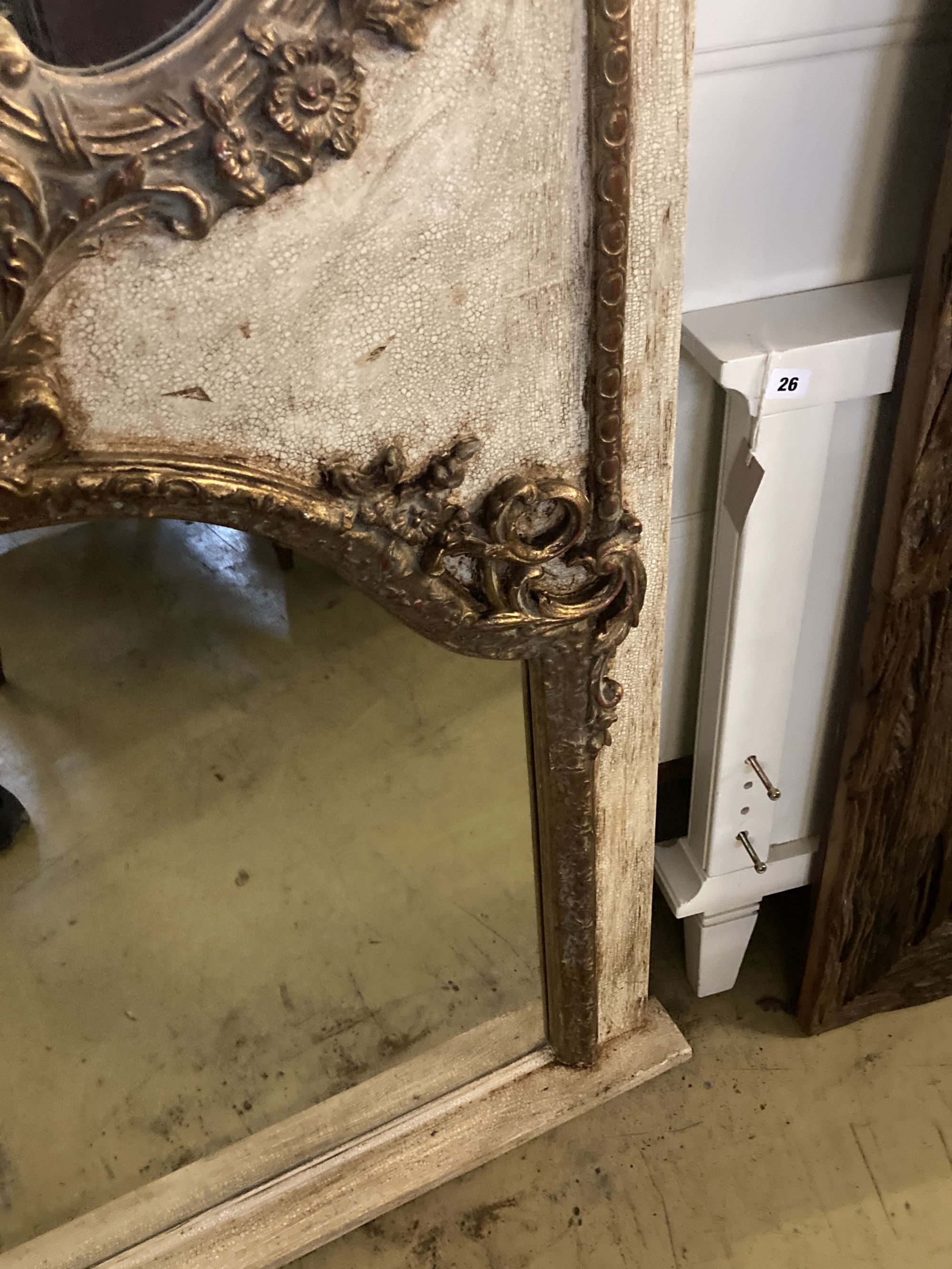 A painted wood and gesso twin plate overmantel mirror, width 114cm height 159cm